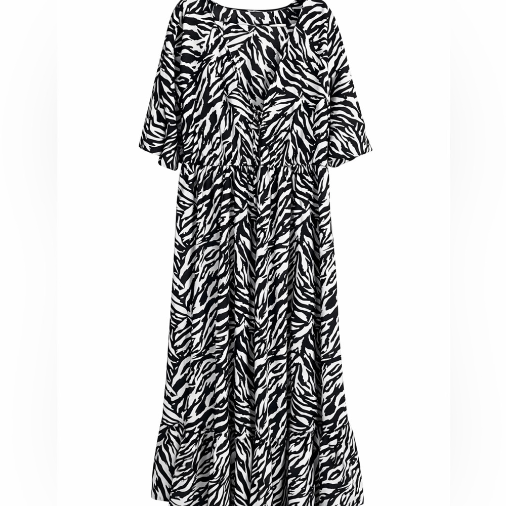 Zebra Print Black and White Tiered Midi Dress